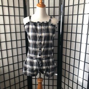 Plaid shorts romper with buttons down front